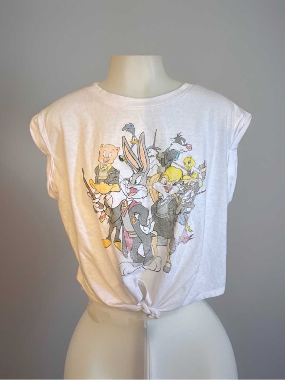 Looney Tunes Graphic Tee 2XL White Front Tie Cartoon Shirt Oversized Casual Cute